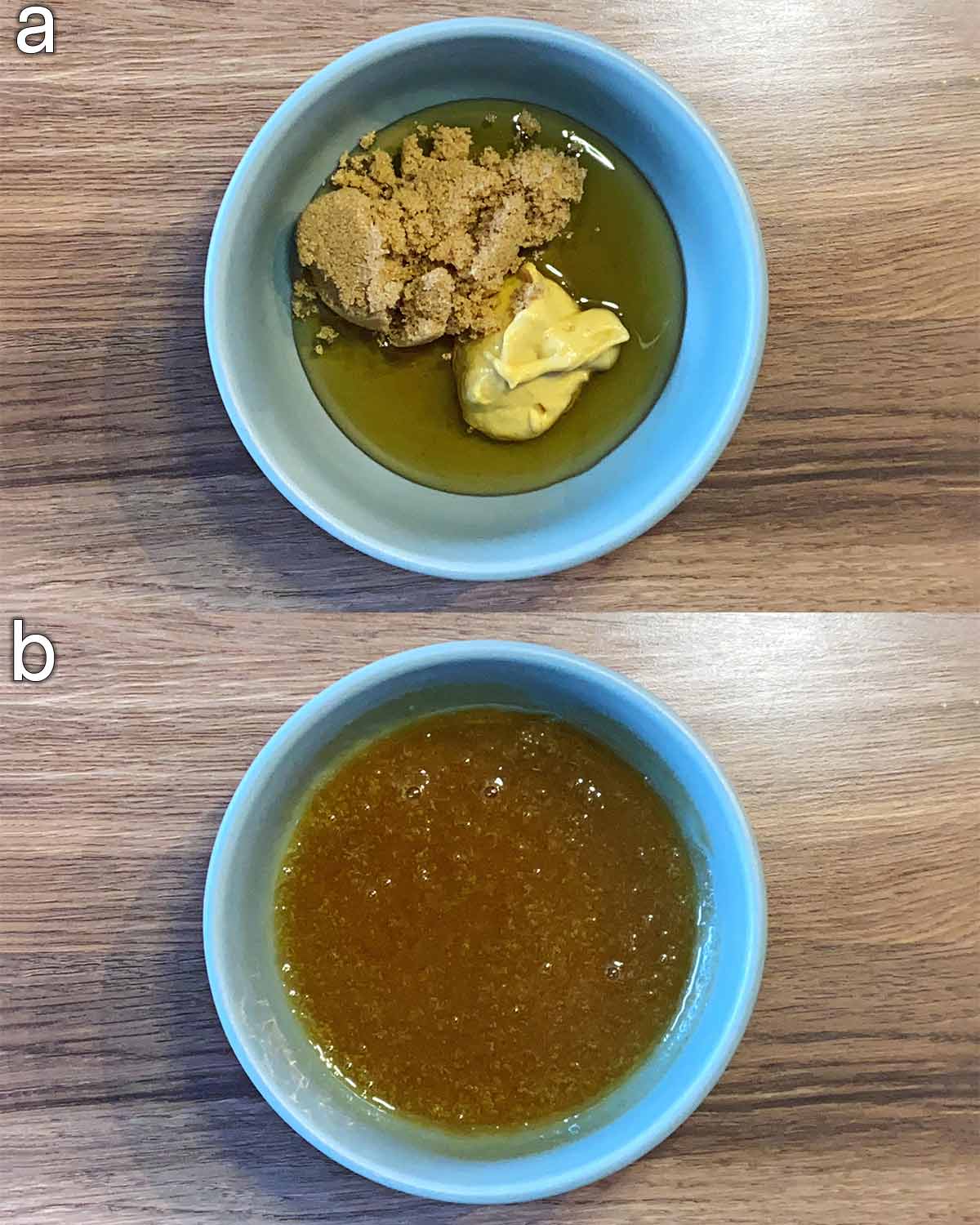 Two shot collage of honey, sugar and mustard in a bowl, before and after mixing.