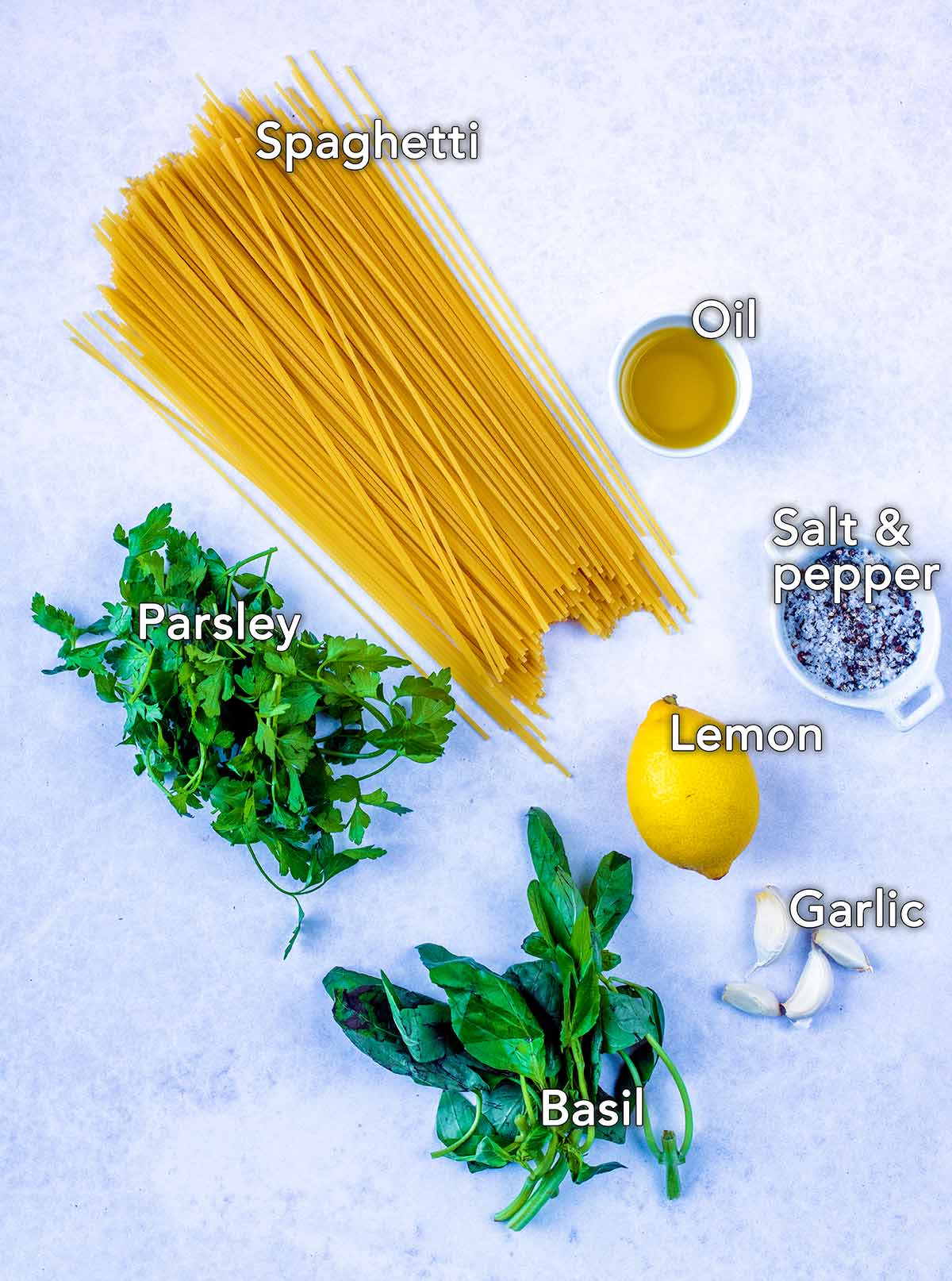 All the ingredients needed for this recipe each with text overlay labels.