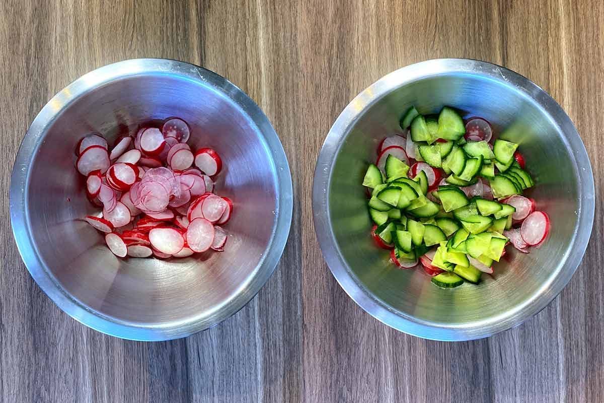 Two shot collage of sliced radishes in a boel, then chopped cucumber added.
