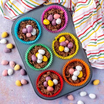 Easter nests in a six hole muffin tray.