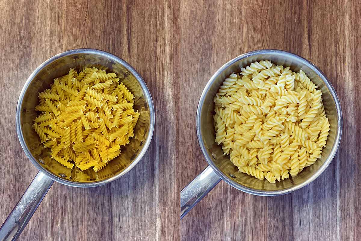 Two shot collage of fusilli pasta in a pan, before and after cooking.