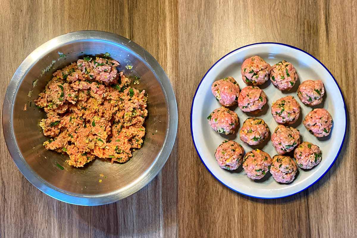 Two shot collage of meatball mix in a bowl and then a plate of hand formed meatballs.