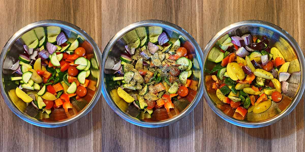 Three shot collage of vegetables in a bowl, then with dressing added then all mixed together.