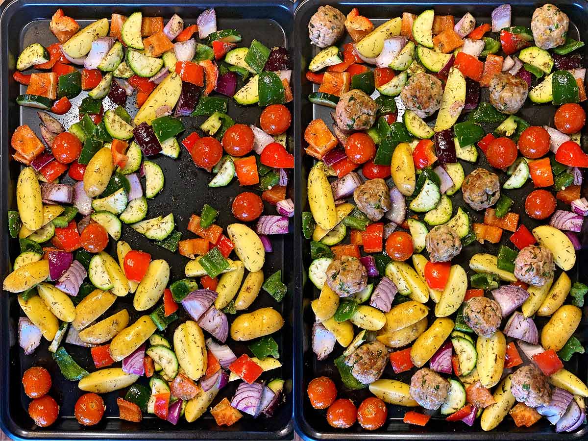 Two shot collage of the vegetables on a baking tray, then with the meatballs added.