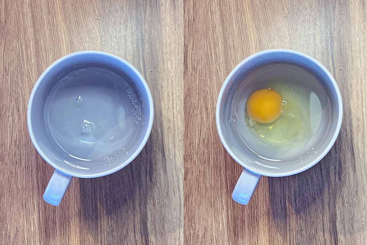 Two shot collage of a mug containing water and then a cracked egg.