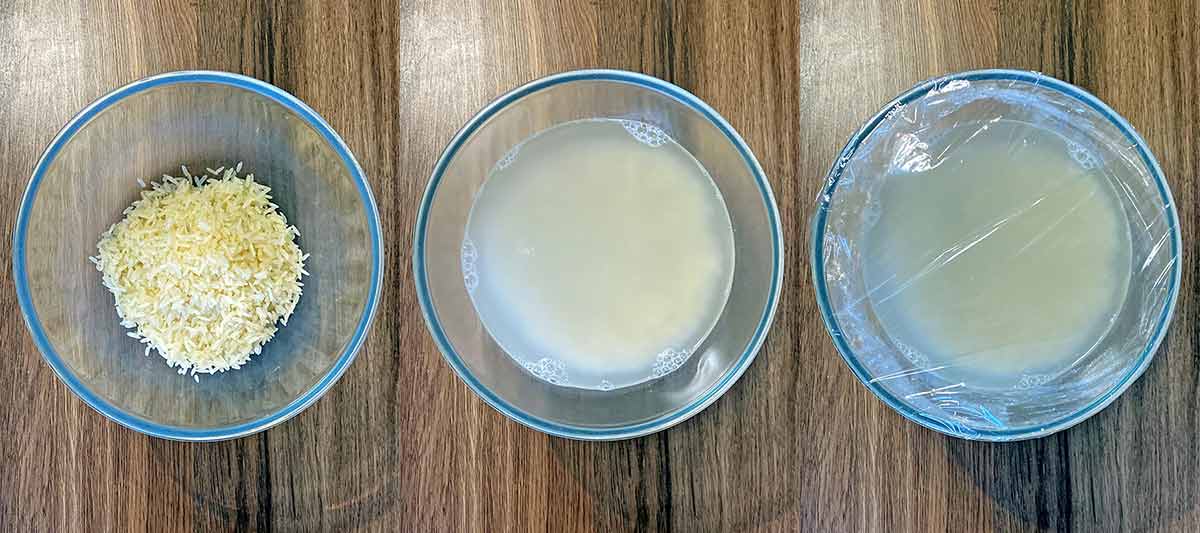 Three shot collage of rice in a glass bowl, then with water, then covered in cling film.