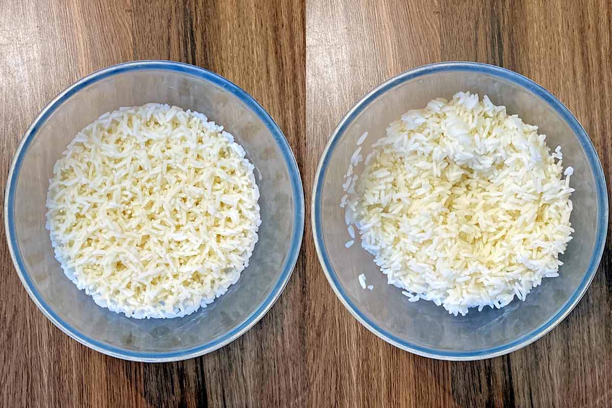 Two shot collage of a bowl of cooked rice, then the rice fluffed up.