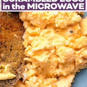 Microwave scrambled eggs with a text title overlay.