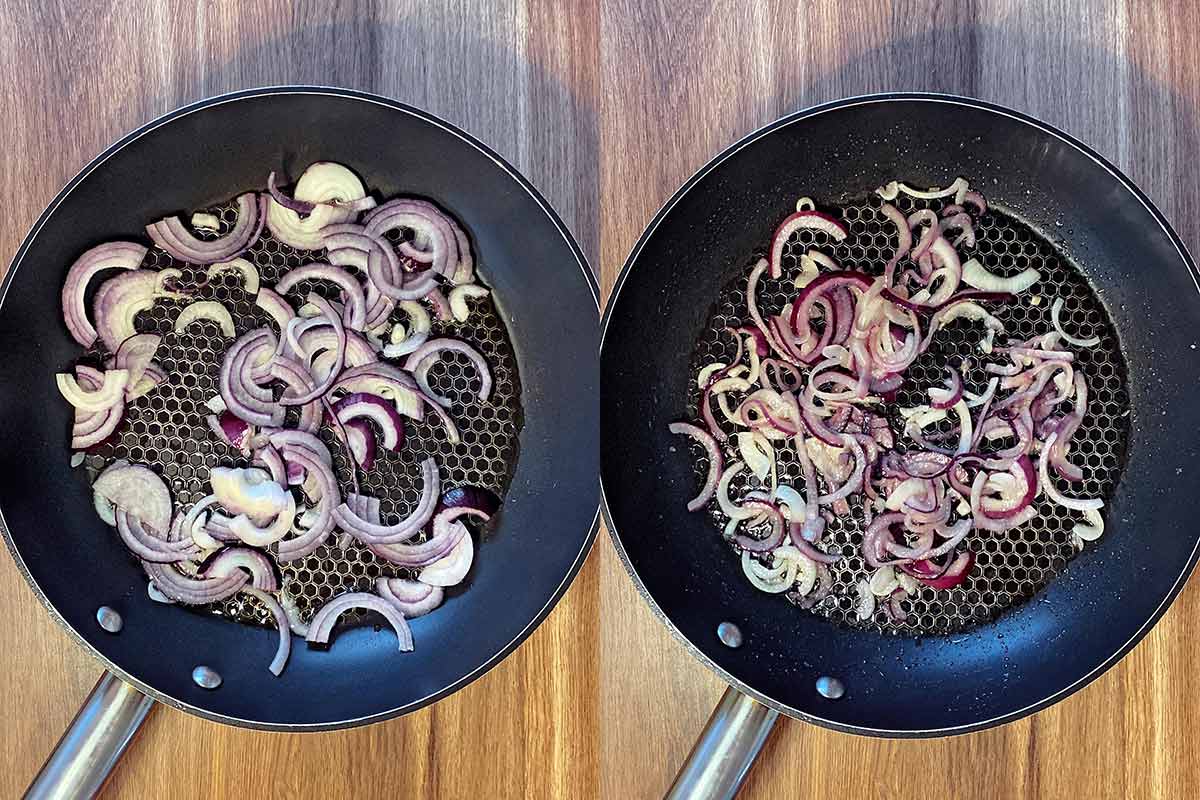 Two shot collage of sliced red onion in a pan, before and after cooking.