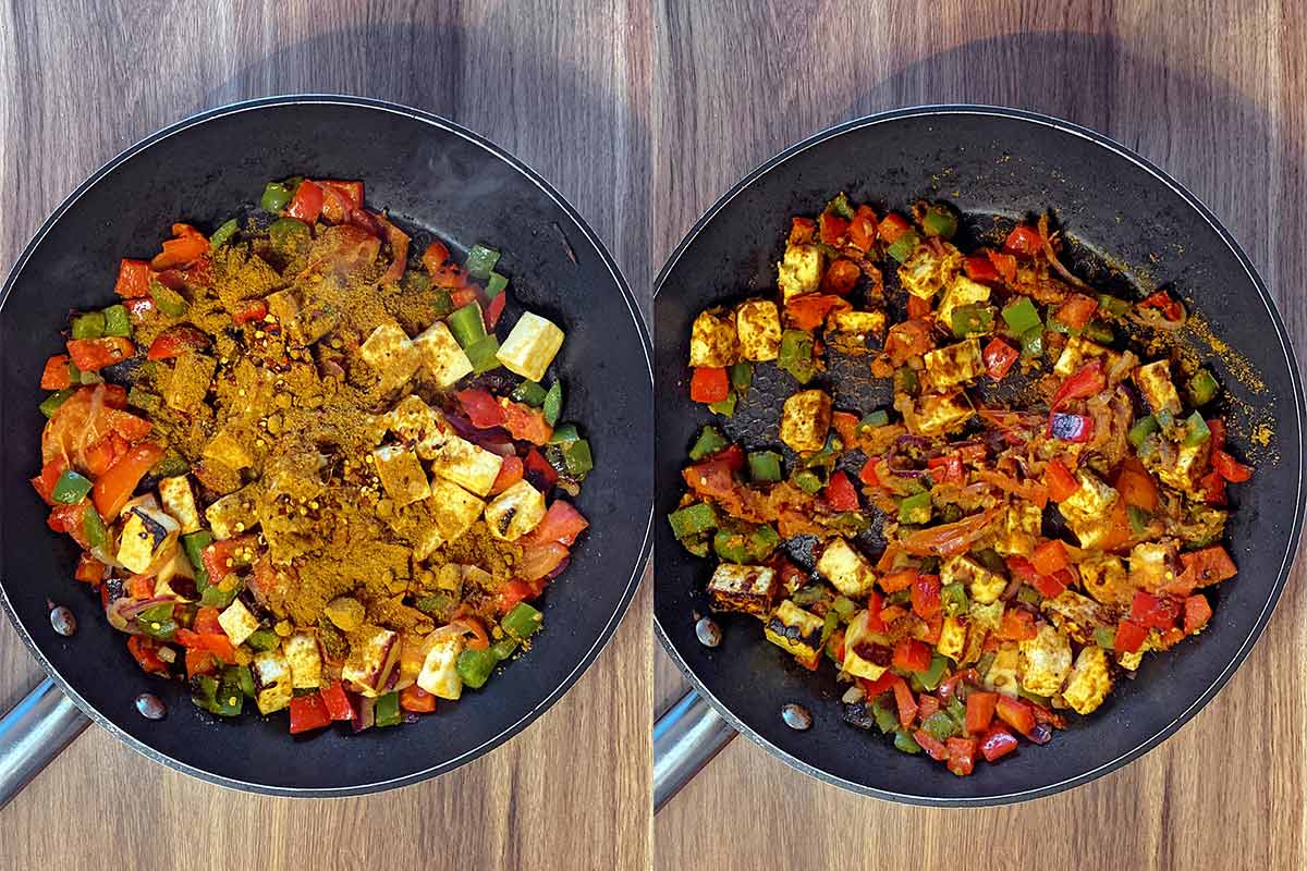Two shot collage of spices added to the pan, before and after mixing.