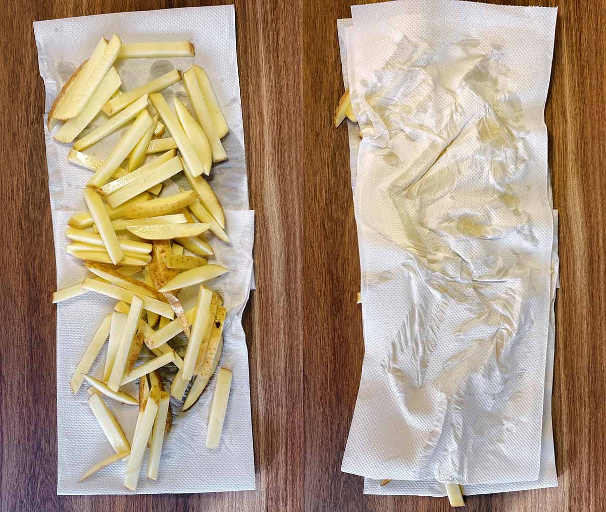 Two shot collage of uncooked potato chips on kitchen paper, then covered in more  paper.
