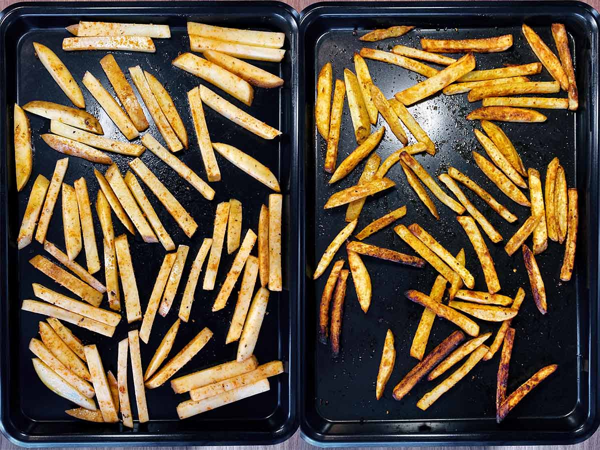 Two shot collage of seasoned fries on a baking tray, before and after cooking.