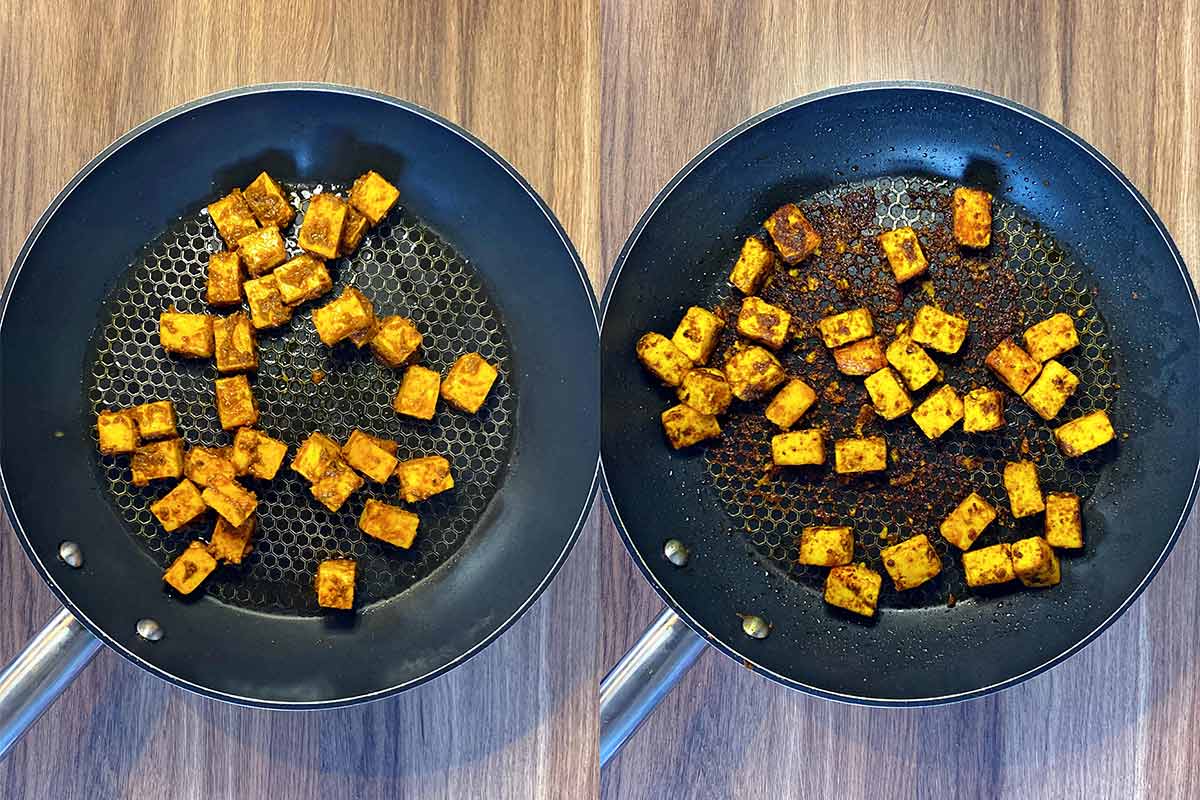 Two shot collage of marinated paneer in a frying pan, before and after cooking.