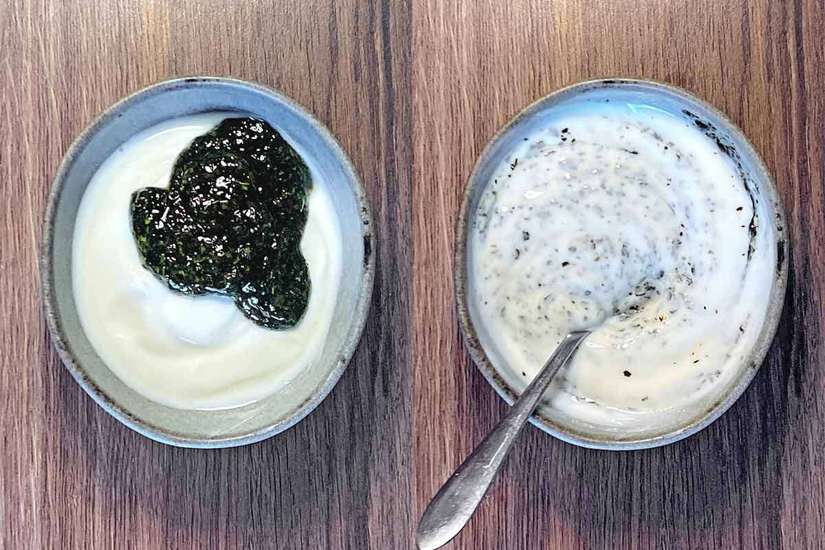 Two shot collage of yogurt and mint sauce in a bowl, before and after mixing.