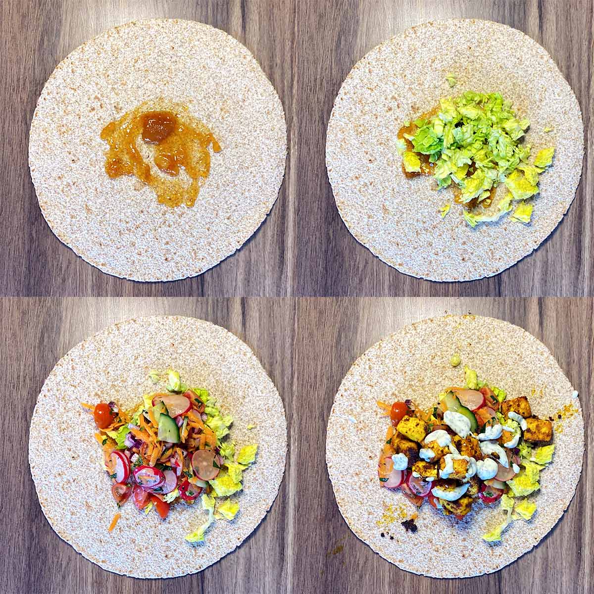 Four shot collage of the wrap being constructed with the different ingredients.