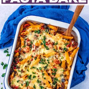 Vegetable pasta bake with a text title overlay.