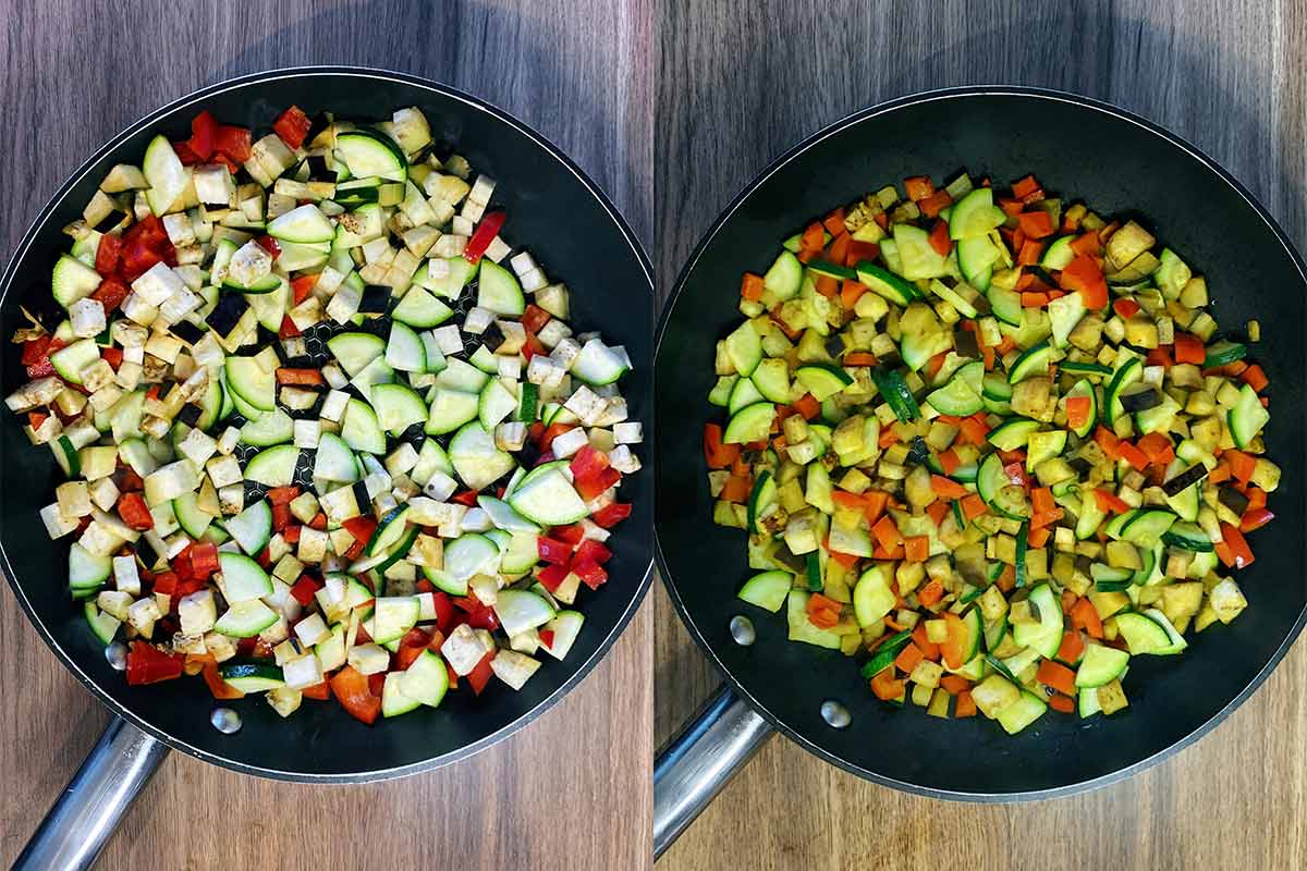 Two shot collage of chopped vegetables in a pan, before and after cooking.