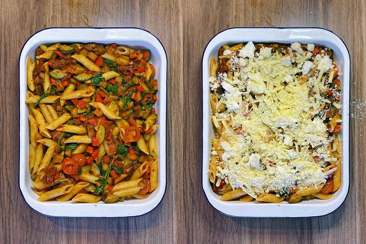 Two shot collage of the pasta and vegetable mix in a baking dish, then covered with cheese.