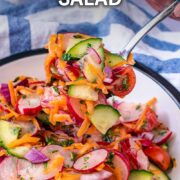 Cucumber radish salad with a text overlay title.