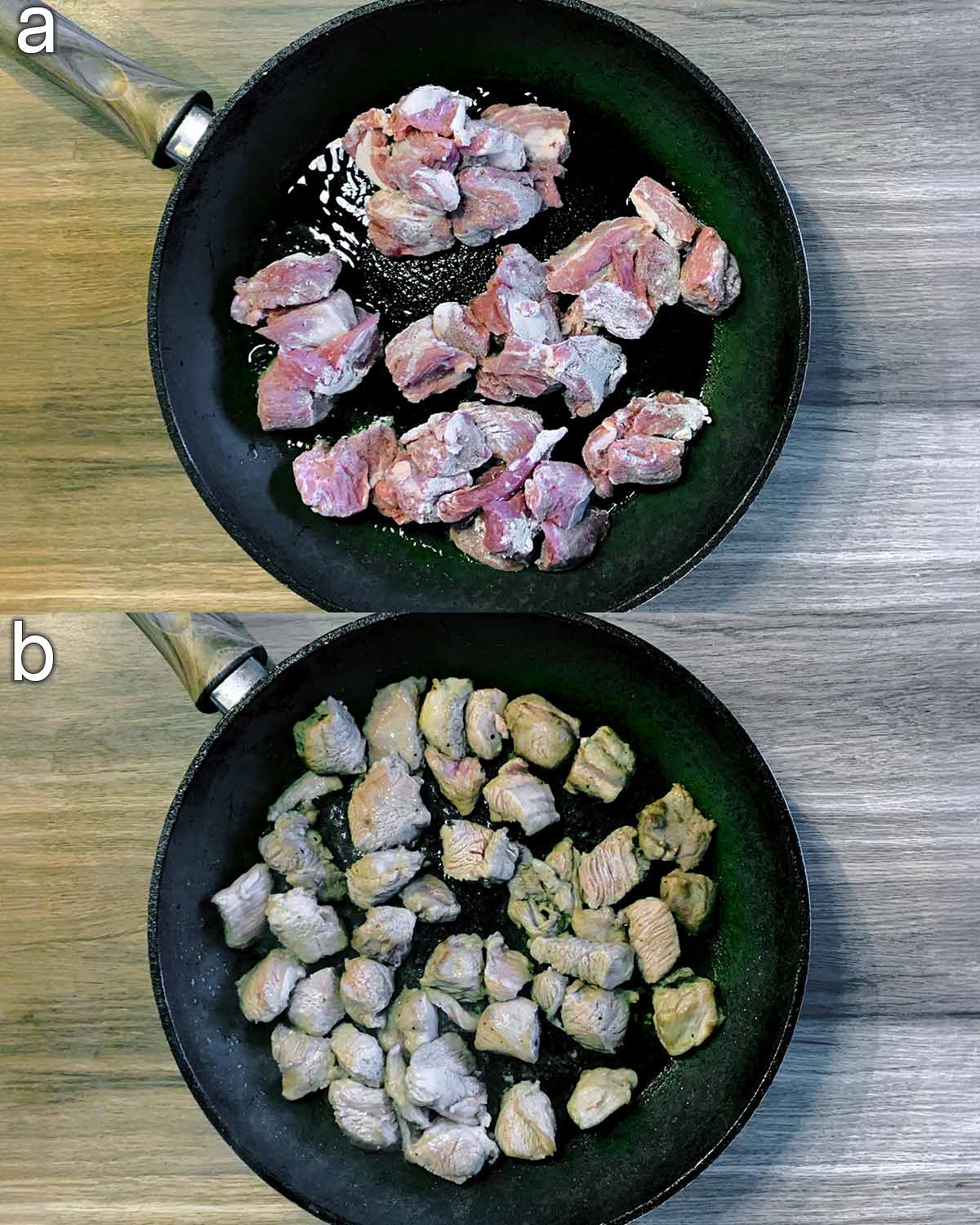 Two shot collage of a frying pan with the coated lamb in it, before and after browning.