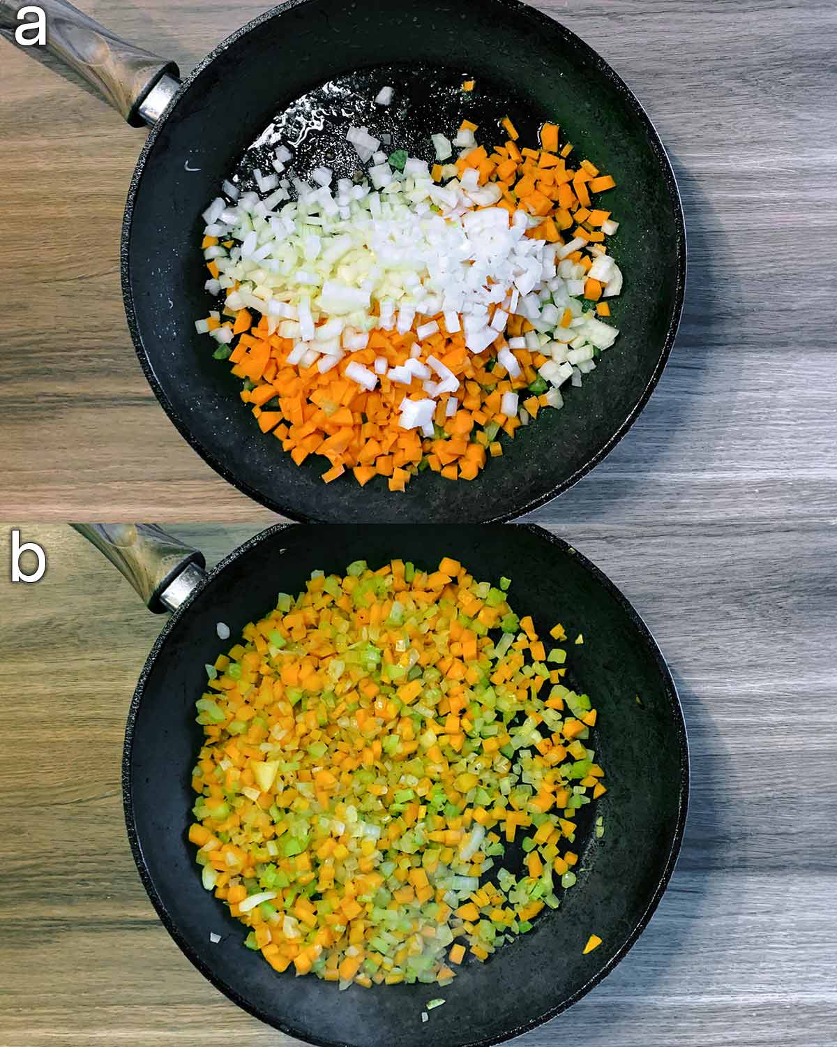 Two shot collage of diced carrot, celery and onion in a frying pan, before and after cooking.