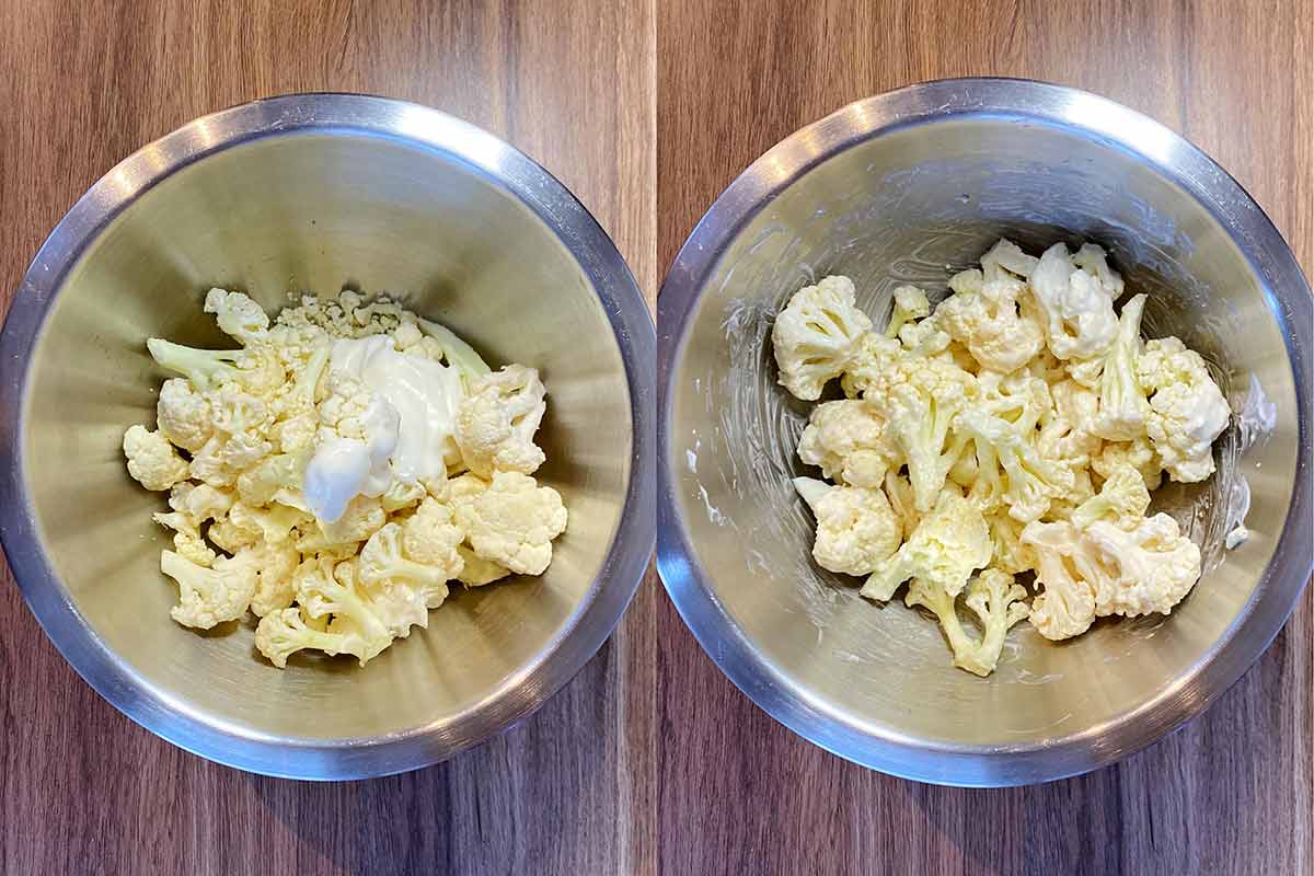 Two shot collage of cauliflower florets and mayonnaise in a bowl, before and after mixing.