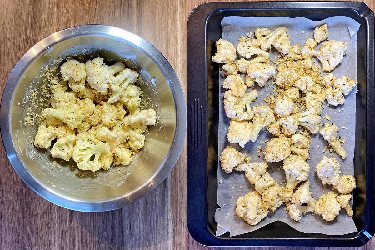two shot collage of a breadcrumb mixture added to the cauliflower, then the florets spread over a baking tray.