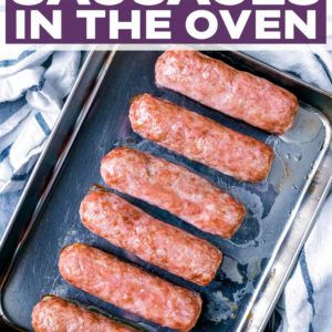 How to cook sausages in the oven with a text title overlay.