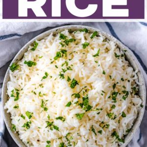 Oven cooked rice with a text title overlay.