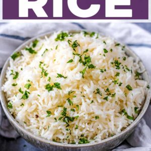 Oven cooked rice with a text title overlay.
