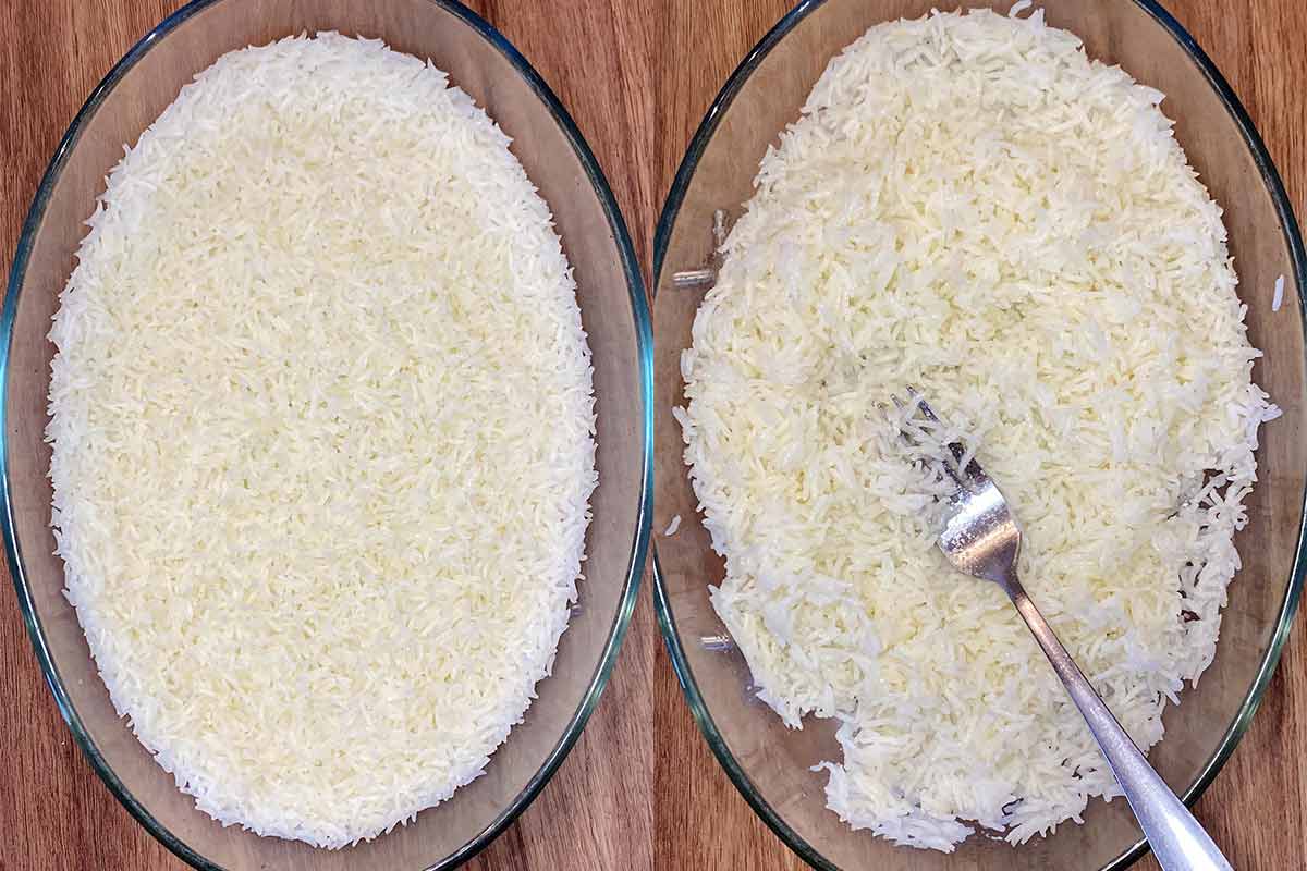 Two shot collage of cooked rice, then fluffed up wit ha fork.