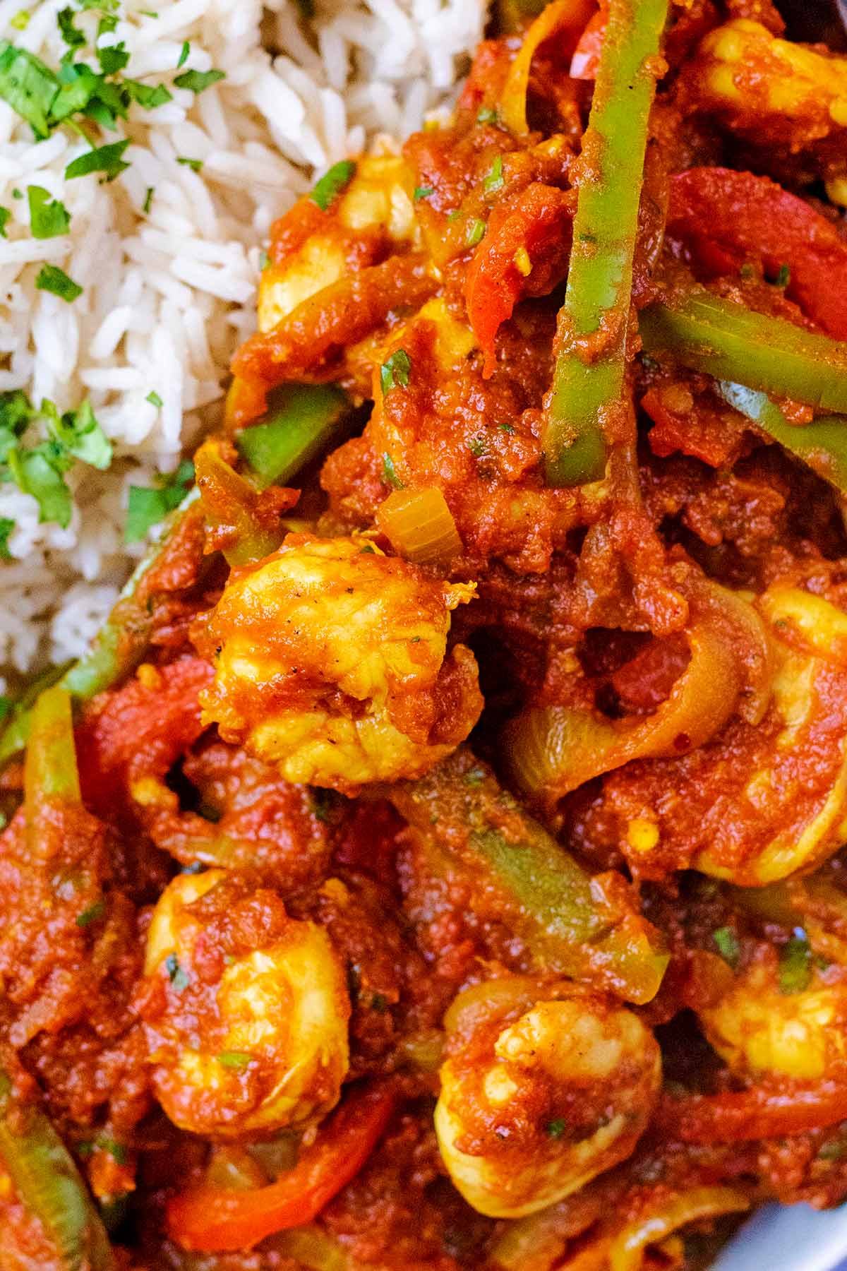 Cooked prawns and sliced peppers in a thick tomato based curry sauce.