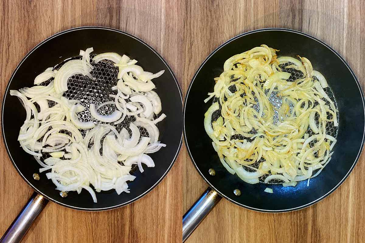 Two shot collage of sliced onions in a frying pan, before and after cooking.