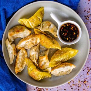 Quick Gyoza Sauce on a plate with gyoza.