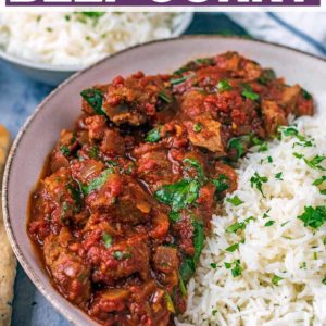 Slow cooker beef curry with a text title overlay.