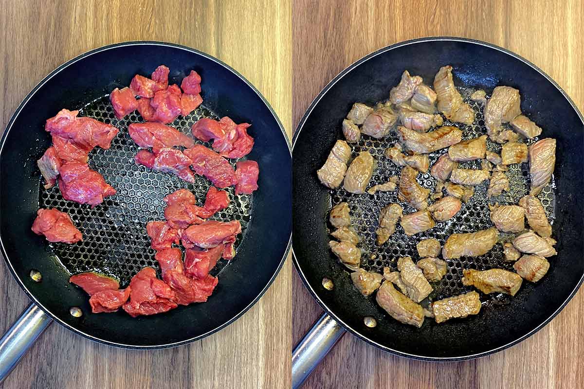 Two shot collage of beef chunks in a pan, before and after browning.