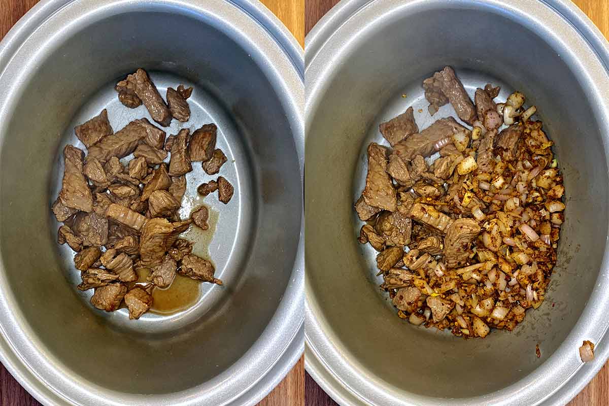 Two shot collage of a slow cooker bowl, first with browned beef then with the onion and spice mix.