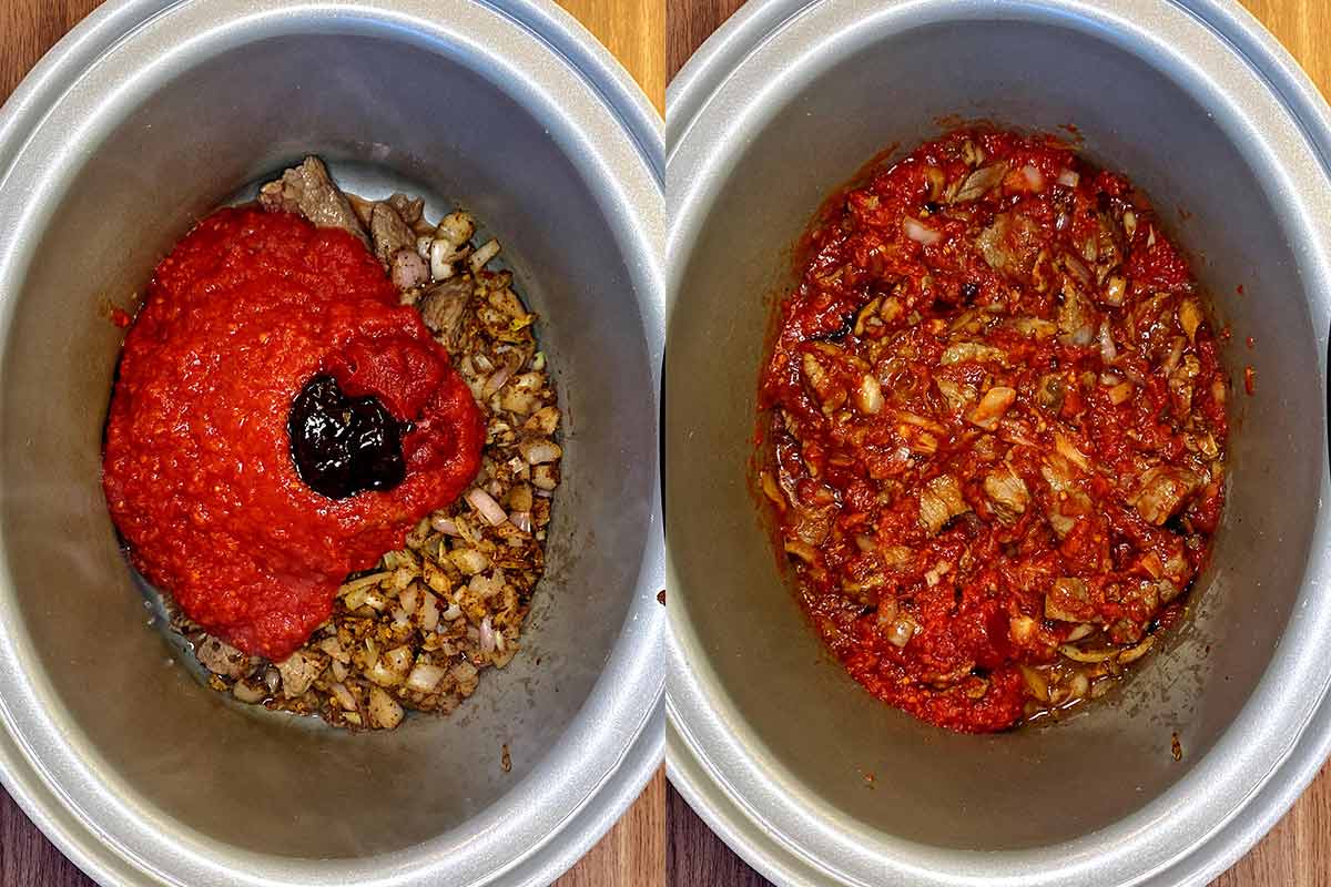 Two shot collage of chopped tomatoes, tomato puree and stock added then all mixed together.