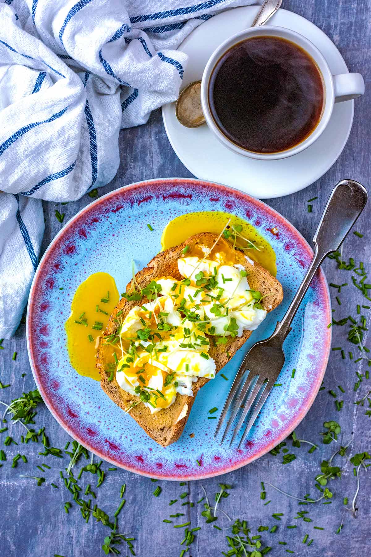 A plate of eggs on toast with runny yolks next to a cup of coffee.