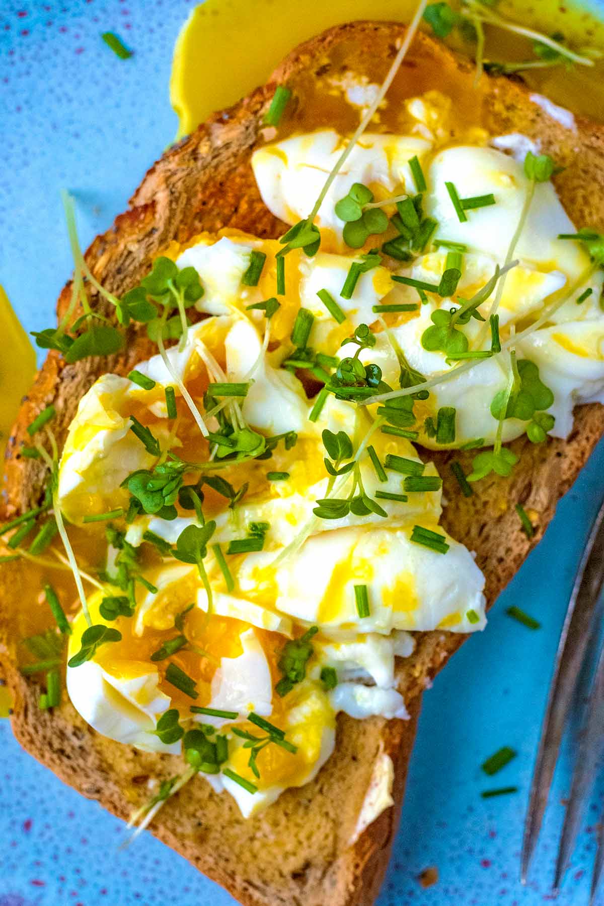 Smashed eggs on a slice of toast topped with cress and chopped chives.