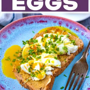 Smashed eggs on toast with a text title overlay.