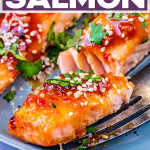 Sweet chili salmon with a text title overlay.
