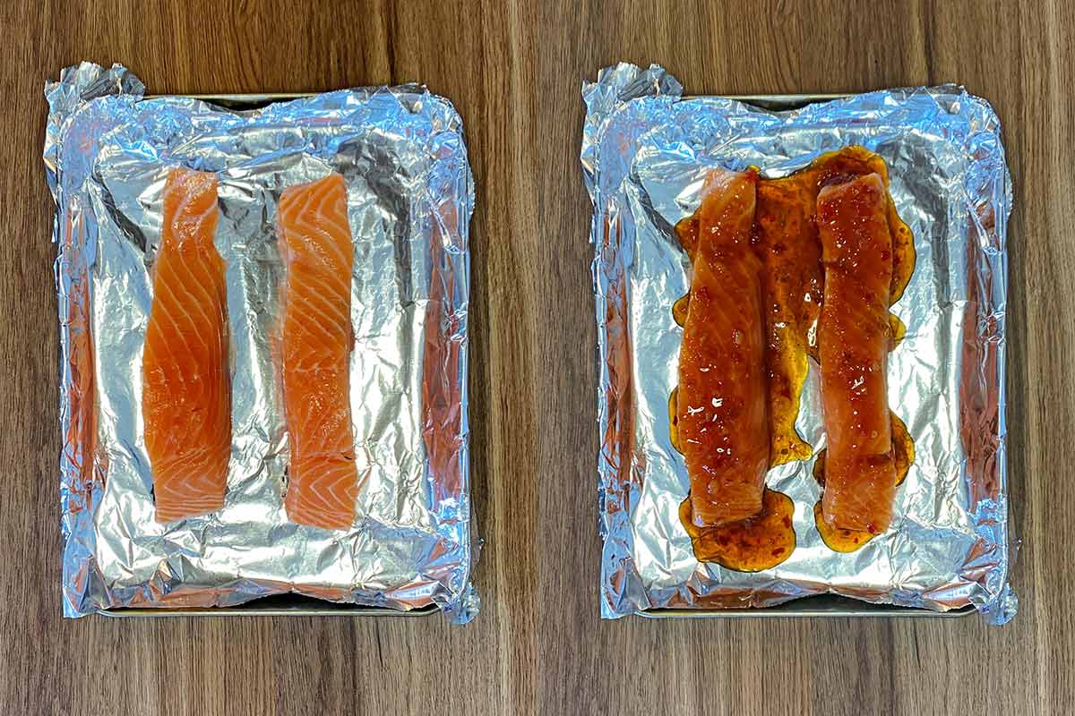 TWo shot collage of salmon fillets on a baking tray, before and after being covered in sauce.
