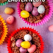Mini egg Easter nests with a text overlay title.