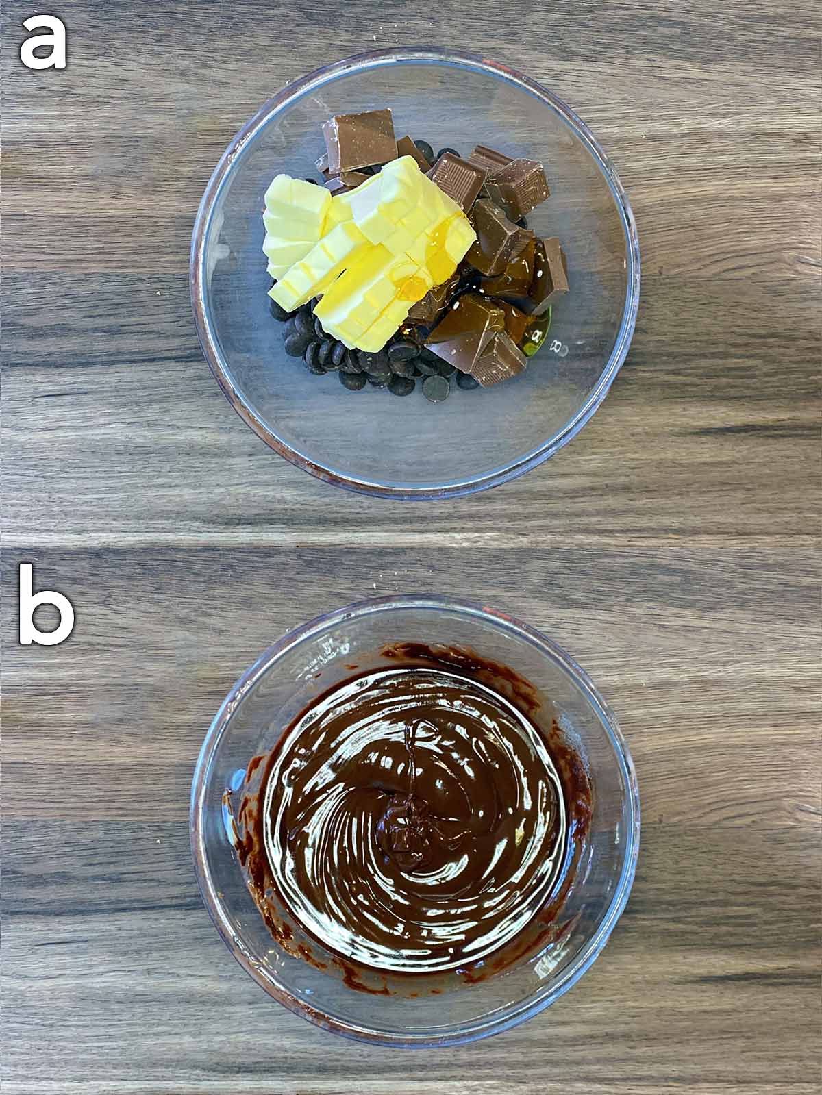 Two shot collage of broken chocolate, butter and golden syrup in a glass bowl, before and after melting.