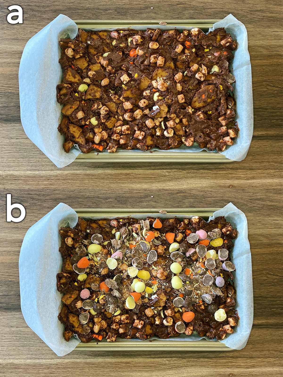 Two shot collage of the mixture in a lined tray, then with more mini eggs on top.