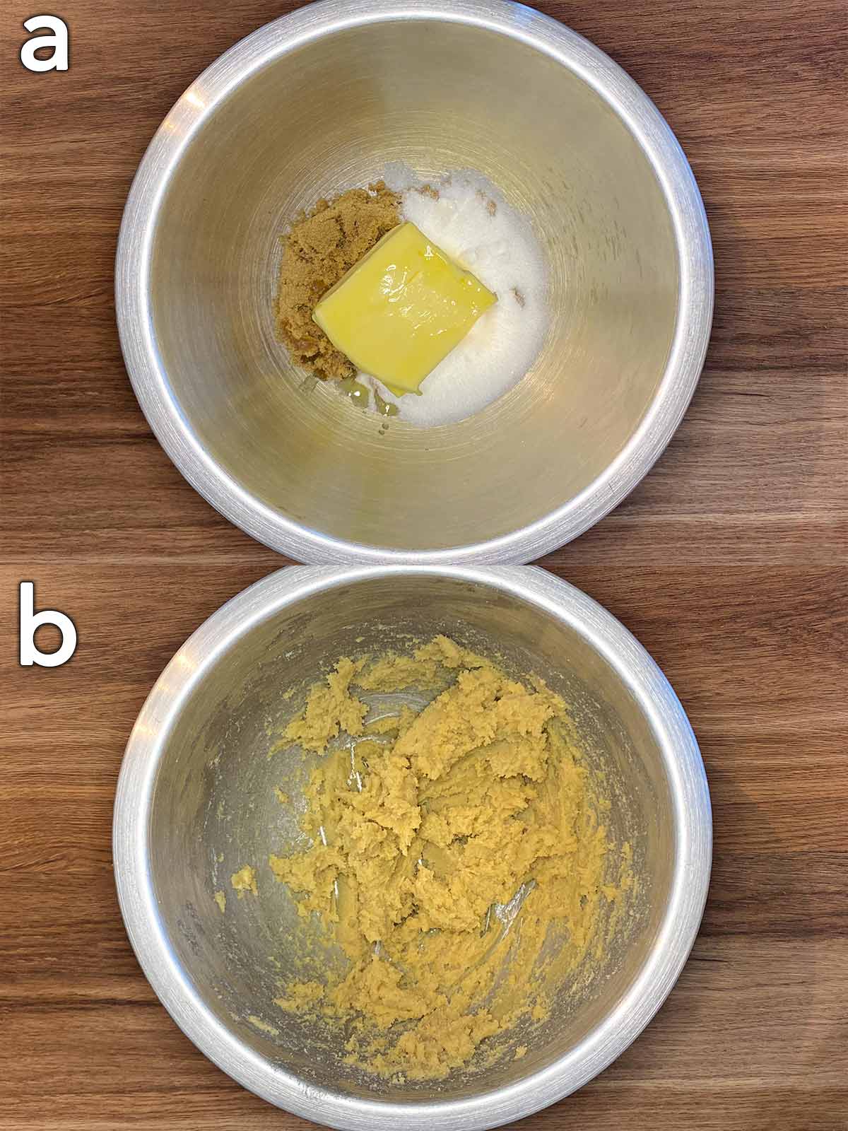 Two shot collage of butter and sugar in a bowl, before and after mixing.