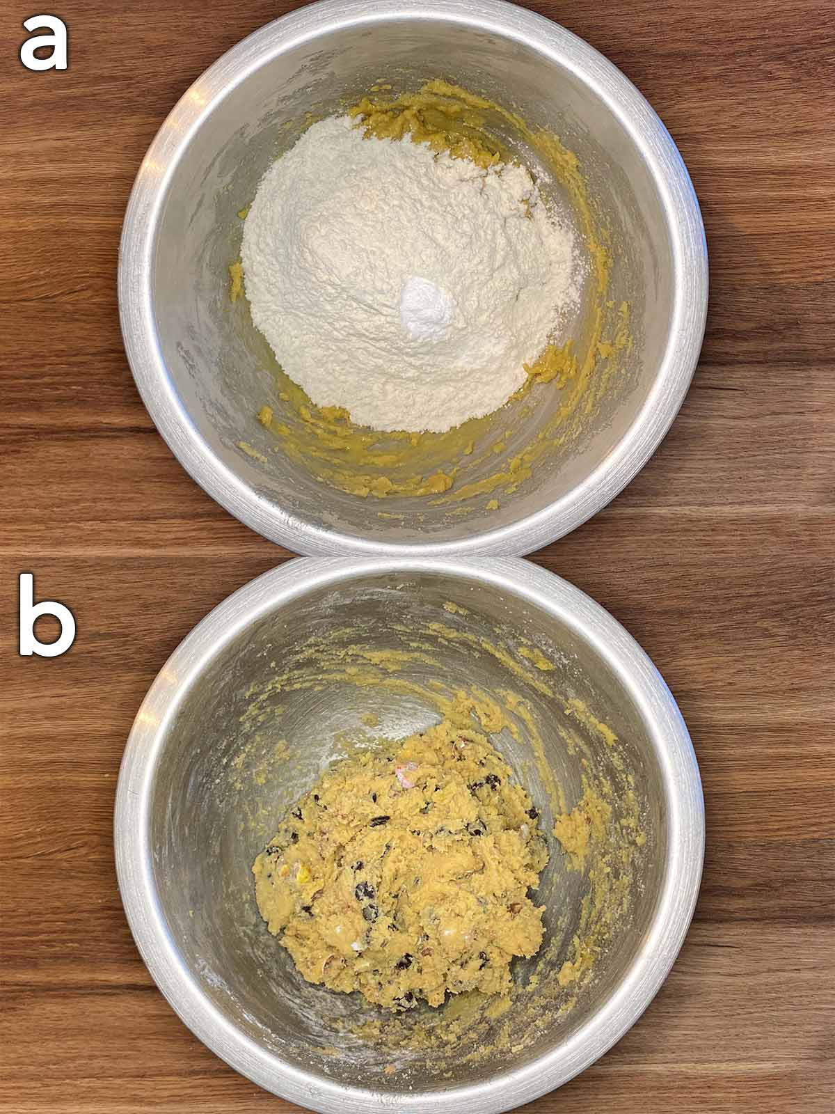 Flour and baking powder added to the bowl, then all mixed together.
