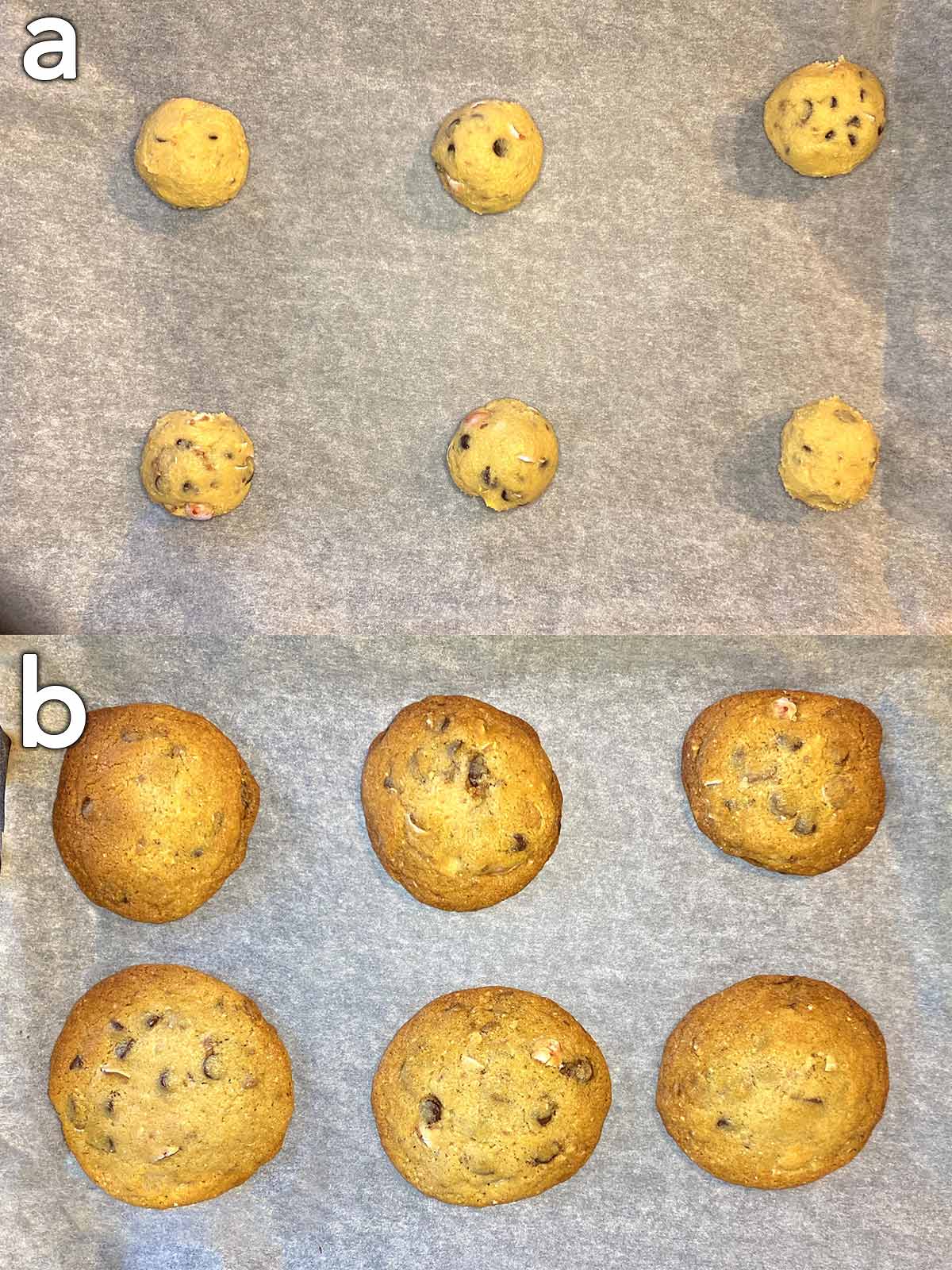 Two shot collage of balls of cookie dough on a lined baking tray, then the cookies spread out and cooked.