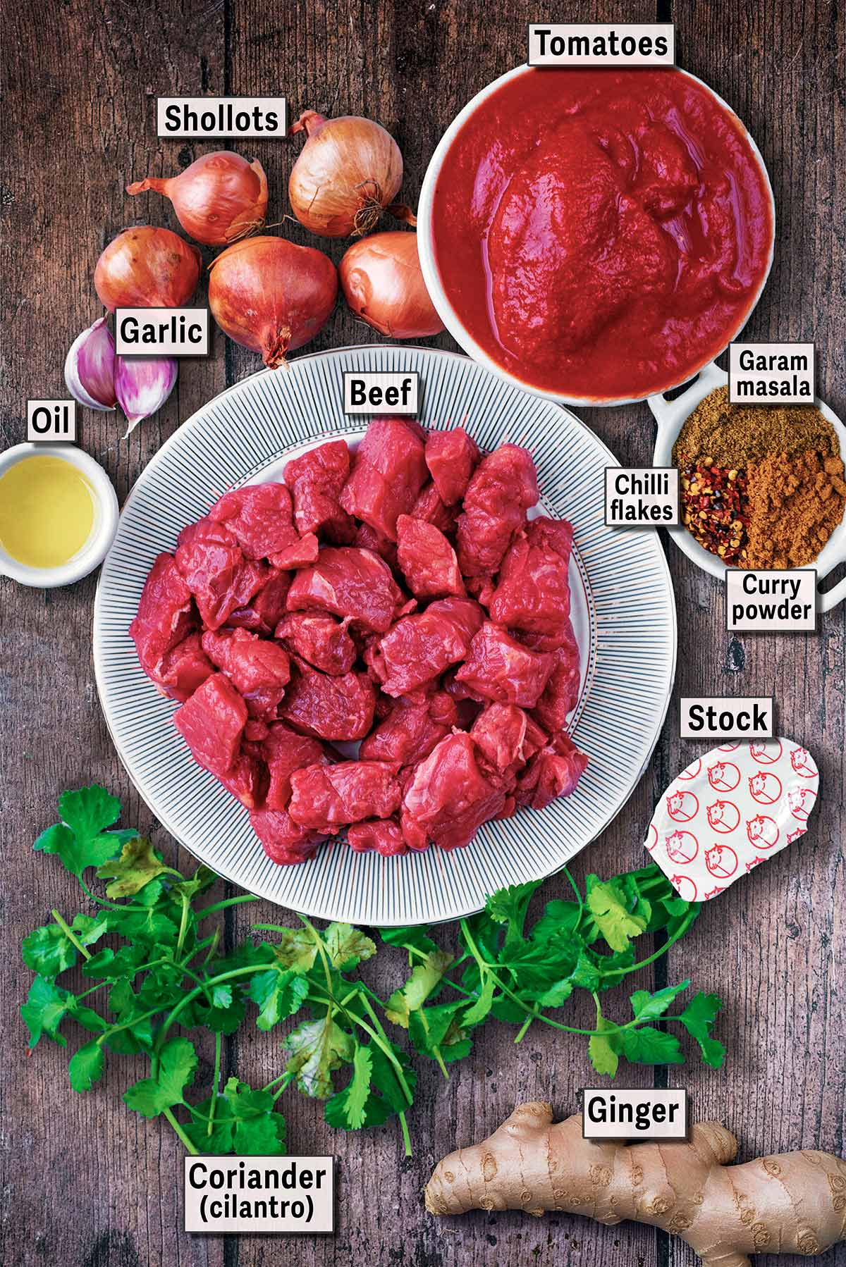 All the ingredients needed for this recipe with text overlay labels.